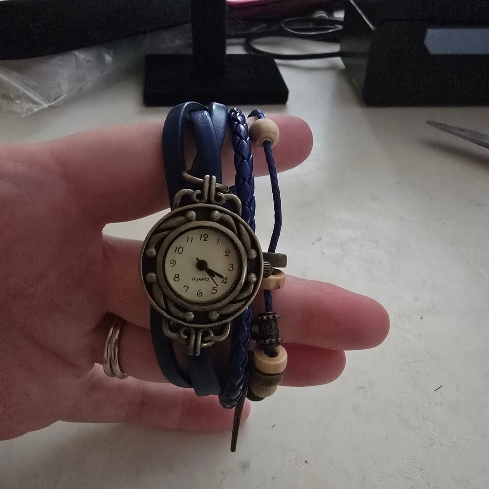Boho Blue Leather Wrap Bracelet Watch Bronze Wing Charm Beaded‎ Quartz Timepiece